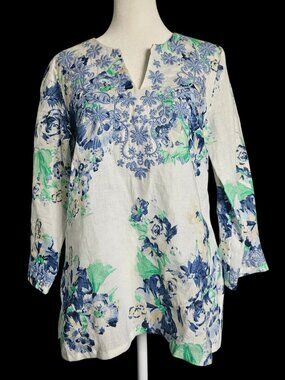 Charter Club 100% Linen Tunic Top Womens Petite Small Floral Embroidered Coastal